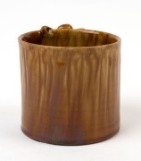 REMUED&nbsp;unusual early experimental brown&nbsp;glazed cylindrical pottery vase with applied gumnuts and leaves,&nbsp; incised "Remued", 9cm high, 9.5cm wide - 2