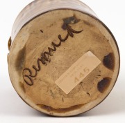 REMUED&nbsp;unusual early experimental brown&nbsp;glazed cylindrical pottery vase with applied gumnuts and leaves,&nbsp; incised "Remued", 9cm high, 9.5cm wide - 3