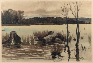 HANS KELLY, Tasmanian water scene landscape, watercolour, signed lower right "Hans Kelly", 31 x 46cm, 48 x 59cm overall