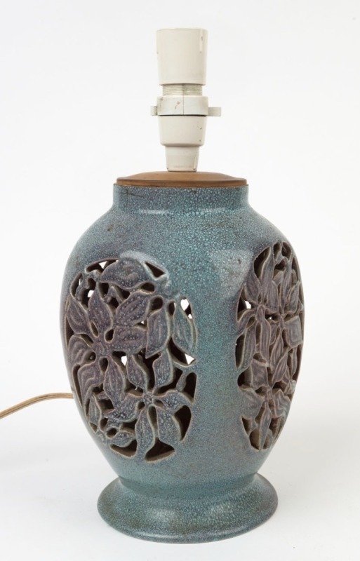 KLYTIE PATE pierced pottery table lamp, incised "Klytie Pate", 35cm high overall