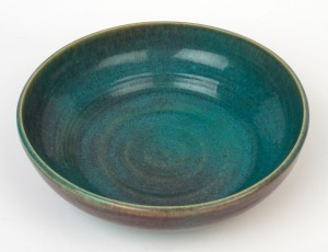 KLYTIE PATE pottery fruit bowl glazed in mauve and turquoise, incised "Klytie Pate", 8cm high, 24.5cm diameter