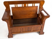 An Australian Arts & Crafts blackwood hallseat with lift-top storage base, Melbourne origin, early 20th century, with Myer Emporium label affixed, ​​​​​​​97cm high, 114cm wide, 43cm deep - 2
