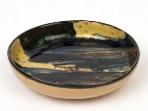 P.P.P. (PREMIER POTTERY PRESTON) dish with dribble glaze, stamped "P.P.P.", 11.5cm diameter