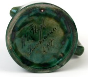 McHUGH green glazed pottery cream jug, incised "McHugh, Tasmania,&nbsp;&frac12; PT", 10cm high - 2