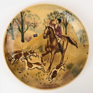 MARTIN BOYD (attributed) pottery plate with fox hunting scene, 30cm diameter