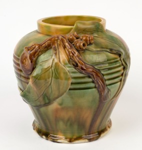 FLORENZ green and yellow glazed pottery vase with applied gumnuts, branch and leaves, incised "Florenz, Sydney", 21cm high