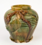 FLORENZ&nbsp;green and yellow glazed pottery vase with applied gumnuts, branch and leaves, incised "Florenz, Sydney", 21cm high