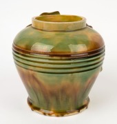 FLORENZ&nbsp;green and yellow glazed pottery vase with applied gumnuts, branch and leaves, incised "Florenz, Sydney", 21cm high - 2