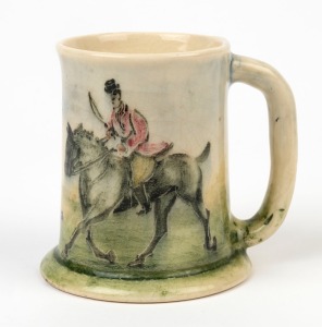 MARTIN BOYD (attributed) pottery mug with painted fox hunting scene, 10cm high