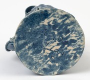ARTIST UNKNOWN hand-built blue glazed pottery jug with applied rose and wheat decoration, incised signature to base (illegible), 18cm high - 3