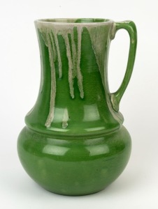 NEWTONE POTTERY large green glazed  jug with unusual dribble glaze, stamped "Newtone Pottery, Sydney", 29cm high