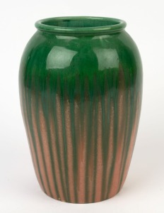 MELROSE WARE pottery vase with unusual green and satin pink glaze, stamped "Melrose Ware, Australian", 25cm high