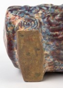 McHUGH POTTERY log flower trough with kookaburra and frog decoration, unusual mottled glazed, rare. Later branding added to base&nbsp;"H. McHugh, Tasmania", 15cm high, 30cm wide. Note: Illustrated in "McHUGH BROS. POTTERY, LAUNCESTON", by Robert Florey [Tasman - 4
