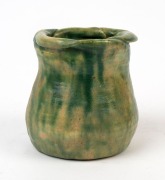 KILLINEY SCHOOL hand-built green glazed pottery vase with unusual rim, incised "Killiney, Hobart, Tas", 10.5cm high - 2