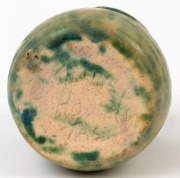 KILLINEY SCHOOL hand-built green glazed pottery vase with unusual rim, incised "Killiney, Hobart, Tas", 10.5cm high - 3