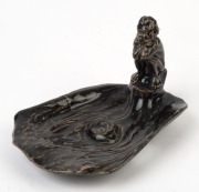 WILLIAM RICKETTS early pottery tree stump dish with squatting Aboriginal figure, unusual black glaze, incised "W. M. Ricketts, Melbourne, 1936", 7cm high, 12.5cm wide - 2