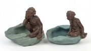 WILLIAM RICKETTS pair of unusual pottery dishes with kneeling Aboriginal figures, rare blue and brown colourway, the female example incised "W. M. Ricketts, Melbourne, 1935", ​​​​​​​8cm high, 10cm wide - 2