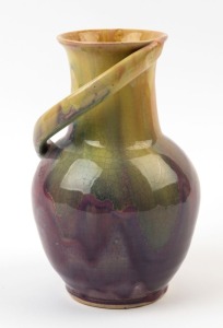 P.P.P. (PREMIER POTTERY PRESTON) pink and yellow glazed vase with unusual applied handle, 20.5cm high