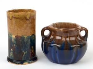 NEWTONE POTTERY two handled vase with blue and brown glaze, together with a cylindrical pottery vase, (2 items), 9cm and 13cm high