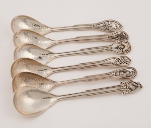 JAMES LINTON set of six Australian silver spoons with floral motifs, Western Australian origin, 20th century, stamped "J.A.L.", 15.5cm long, 188 grams total