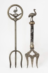 Two silver plated Australiana bread forks, 19th/20th century, ​​​​​​​19cm and 20cm high