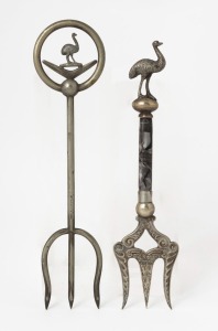 Two silver plated Australiana bread forks, 19th/20th century, 19cm and 20cm high