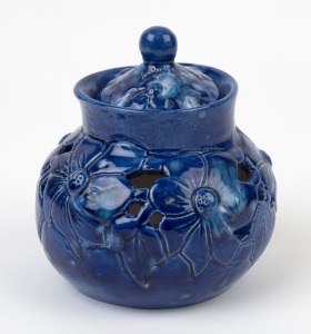 MARY PERDIKIS blue glazed pierced floral pottery vase with lid, incised "Mary Perdikis, Hand Built", ​​​​​​​11.5cm high