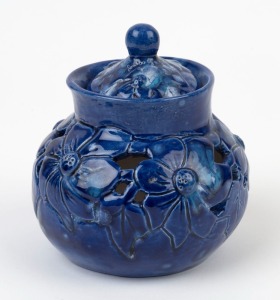 MARY PERDIKIS blue glazed pierced floral pottery vase with lid, incised "Mary Perdikis, Hand Built", 11.5cm high