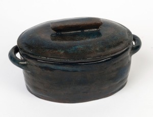 HARVEY SCHOOL (Queensland), artist unknown, blue and black glazed lidded pot, incised "M.M.", ​​​​​​​11cm high, 23cm wide