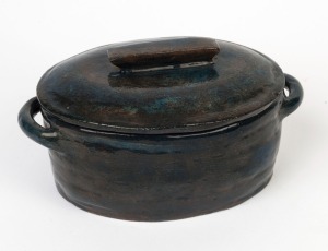 HARVEY SCHOOL (Queensland), artist unknown, blue and black glazed lidded pot, incised "M.M.", 11cm high, 23cm wide