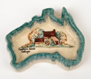 TRENT "Captain Cook's Cottage" ceramic dish by DAISY MERTON in the shape of a map of Australia, stamped "Trent, Made In Australia, Hand Painted", 11cm wide