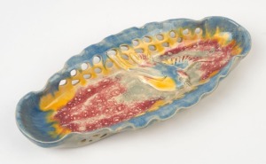CASTLE HARRIS pierced pottery tray with applied flying bird decoration, incised "Castle Harris", 29cm wide,