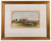 CONRAD MARTENS (1801-1878), (attributed), Colonial homestead, circa 1860s, watercolour with Chinese white highlights, depicting a colonial house with storehouses at the rear, animals and people in the foreground.  22 x 37.5cm, 53 x 66cm overall. 1/ Compar - 2