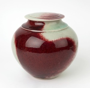CHRIS SANDERS lidded jar with celadon glaze, impressed monogram mark "C.S.", ​​​​​​​20cm high
