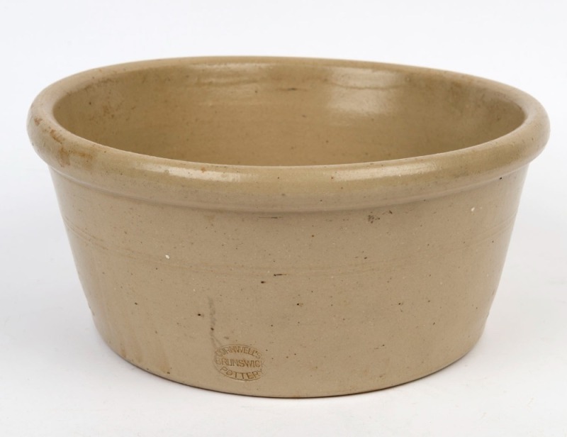 CORNWELLS POTTERY stoneware food bowl, early 20th century, stamped "Cornwell's Pottery Brunswick", ​​​​​​​12cm high, 27cm diameter