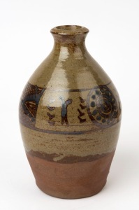 EDDIE PURUNTATAMIRI (Tiwi Islands) pottery vase with Aboriginal motif, signed "E.P.", ​​​​​​​17.5cm high