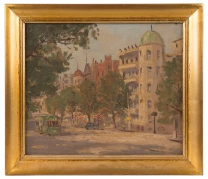 ARTIST UNKNOWN (Australian School), Collins Street looking from Elizabeth Street Melbourne, oil on board, 24 x 28cm, 31 x 36cm overall