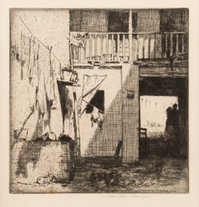 MORTIMER L. MENPES (1855-1938), Spanish Courtyard, 1914, etching, signed in pencil lower right, 14 x 13cm, 38 x 34cm overall. Illustrated in "The Etched Works Of Mortimer Menpes, Vol.III Etchings Between 1914-1938" by Gary Morgan, I.S.B.N. 9780980713022, 