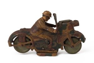 KARL ARNOLD & CO (Germany): wind-up (no key) tinplate camouflaged military motorbike, missing headlamp, marked 'GERMANY/D.R.P' on one of the rear panniers; length 14cm, height 9cm, c. early 1940s.