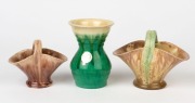 REMUED pottery vase together with two Remued pottery basket vases, (3 items), one with foil label, ​​​​​​​the vase 13.5cm high