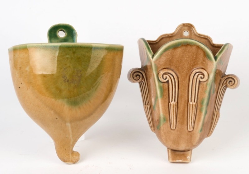 BENDIGO POTTERY, two green and brown glazed wall pockets, 20cm high  