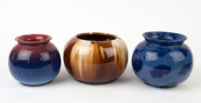 BENDIGO POTTERY, three assorted vases, 13cm, 12cm and 12cm high. PROVENANCE: Private Collection Bendigo