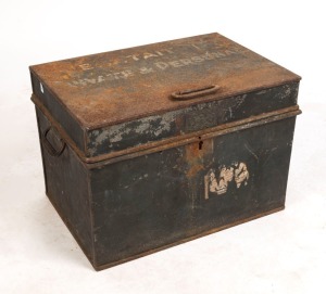 Antique strong box emblazoned with ownership details "E. J. Tait, Private & Personal", 19th century. Tait was the General Manager of J.C. WILLIAMSON'S THEATRE in Melbourne in the late 19th and early 20th century. 36cm high, 51cm wide, 36cm deep