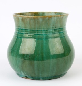 JOHN CAMPBELL green glazed pottery vase with ribbed decoration, incised "John Campbell, 1934, Tasmania" 14cm high
