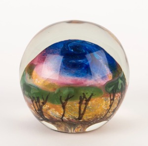 MARC KALIFA Australian art glass paperweight with landscape scene, signed "Kalifa, 5.5/87", 9cm high