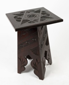 An Australian dark stained pine chip carved occasional table with square top, early 20th century, ​​​​​​​67cm high, 45cm wide, 45cm deep