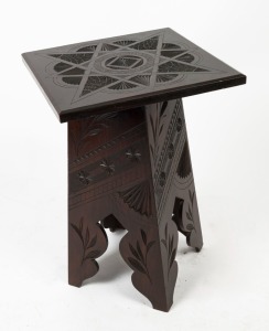 An Australian dark stained pine chip carved occasional table with square top, early 20th century, 67cm high, 45cm wide, 45cm deep