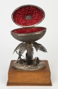 HENRY YOUNG (Melbourne) fine Australian silver emu egg casket, adorned with scene of Aboriginal hunter, kangaroo, emu and foliage, 19th century, stamped "H. Young STG SILVER", 29cm high overall - 6