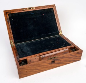 An antique New Zealand timber writing box with fold-out interior, 19th century. Note: Paper label under lid "South Sea Islands Tamanu Wood". 12cm high, 40.5cm wide, 24.5cm deep