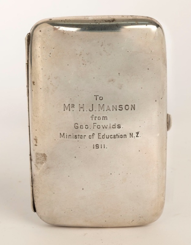 An antique English sterling silver cigar case with gilt wash interior and inscription "To Mr. H. J. Mason From Geo. Folds, Minister of Education, N.Z, 1911", 14cm high, 178 grams